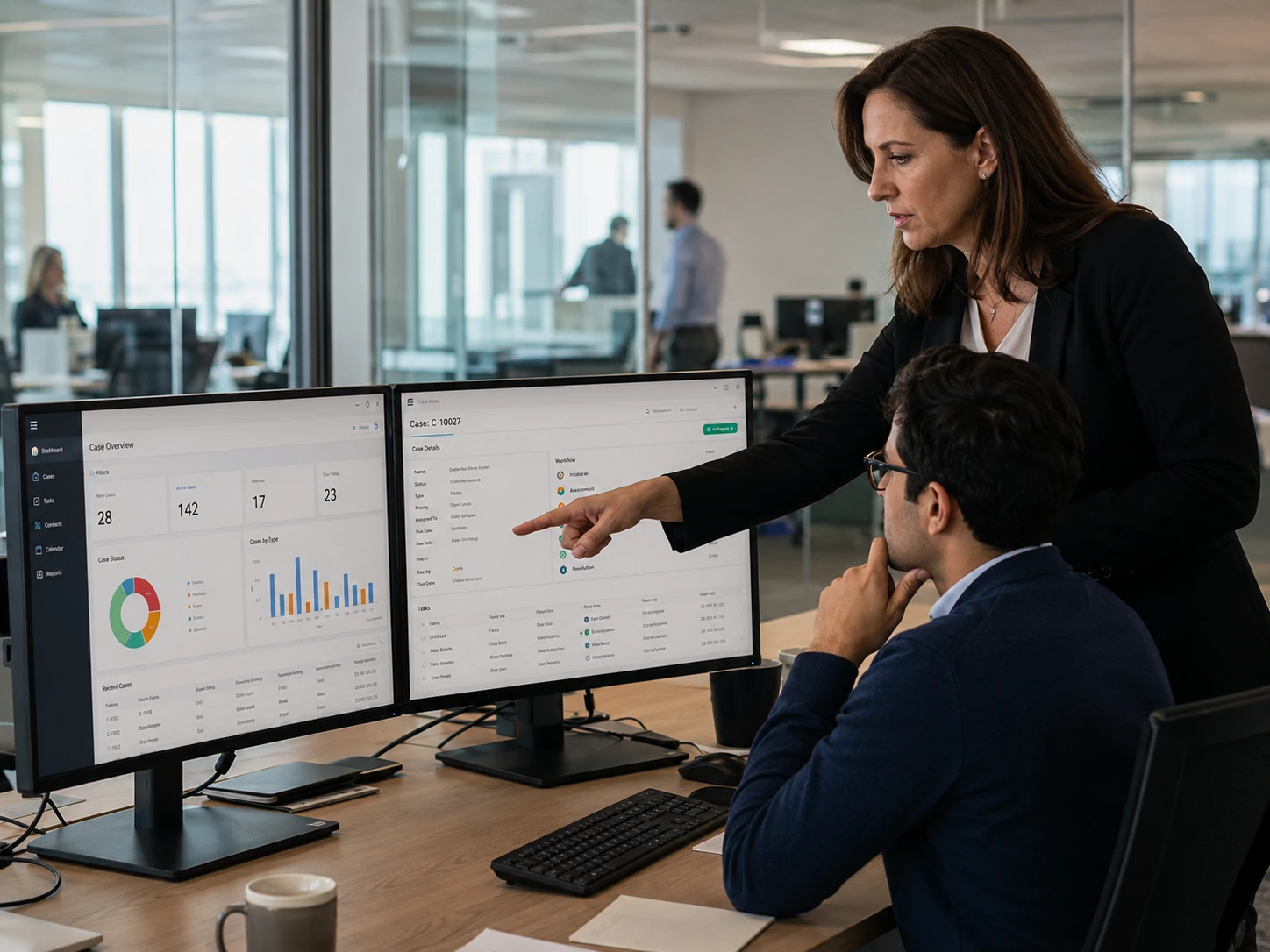 Two colleagues reviewing a case management dashboard on office monitors